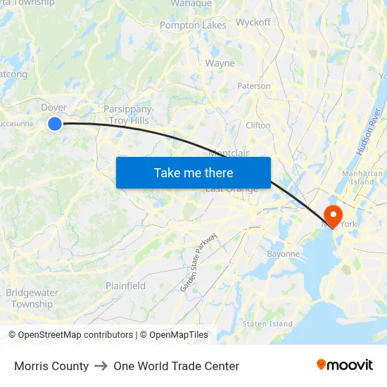Morris County to One World Trade Center map