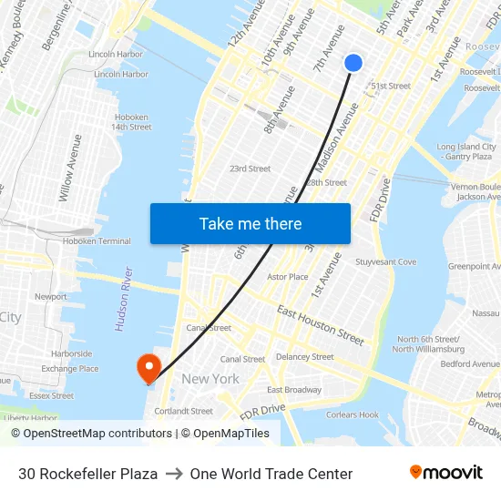 30 Rockefeller Plaza to One World Trade Center map