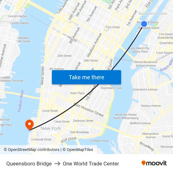 Queensboro Bridge to One World Trade Center map