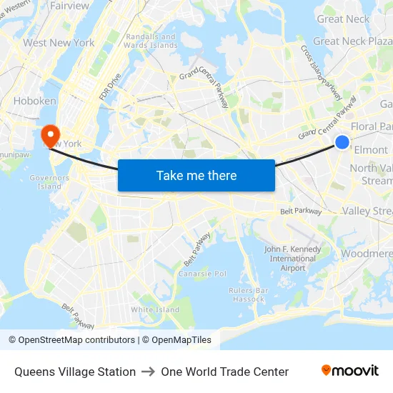 Queens Village Station to One World Trade Center map