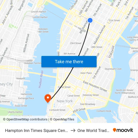 Hampton Inn Times Square Central New York to One World Trade Center map
