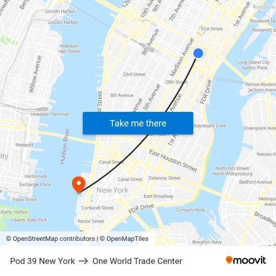 Pod 39 New York to One World Trade Center map