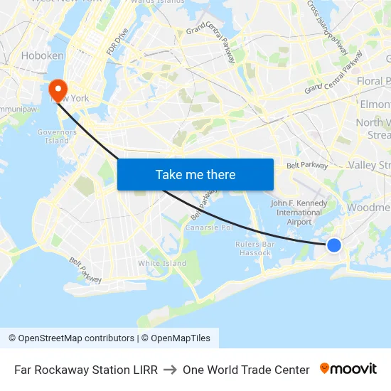 Far Rockaway Station LIRR to One World Trade Center map