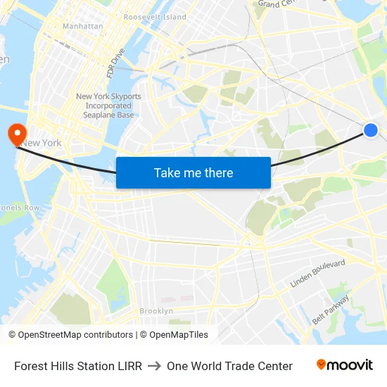 Forest Hills Station LIRR to One World Trade Center map