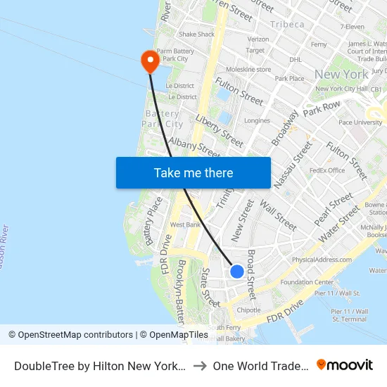 DoubleTree by Hilton New York Downtown to One World Trade Center map