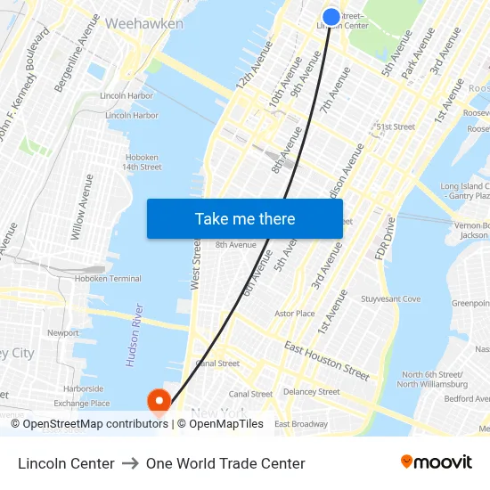 Lincoln Center to One World Trade Center map