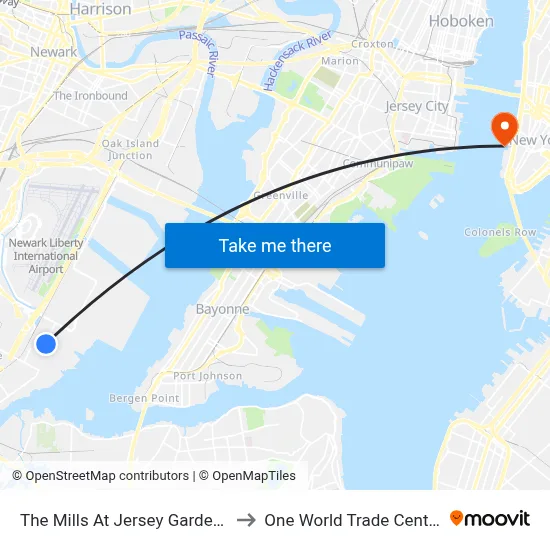 The Mills At Jersey Gardens to One World Trade Center map