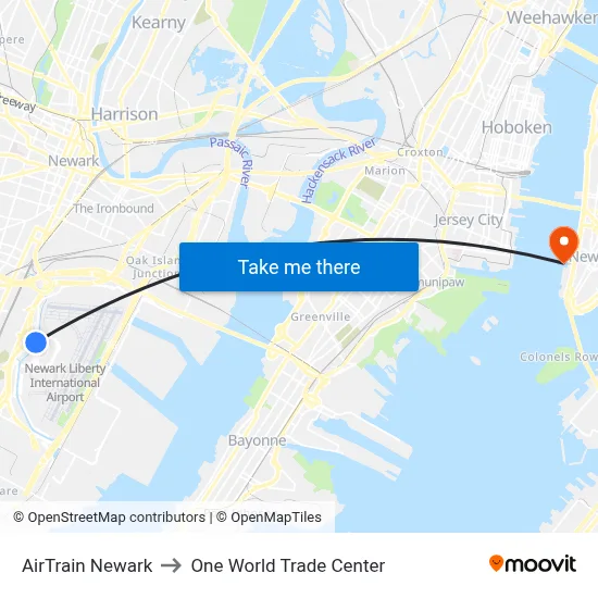 AirTrain Newark to One World Trade Center map
