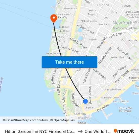 Hilton Garden Inn NYC Financial Center/Manhattan Downtown to One World Trade Center map