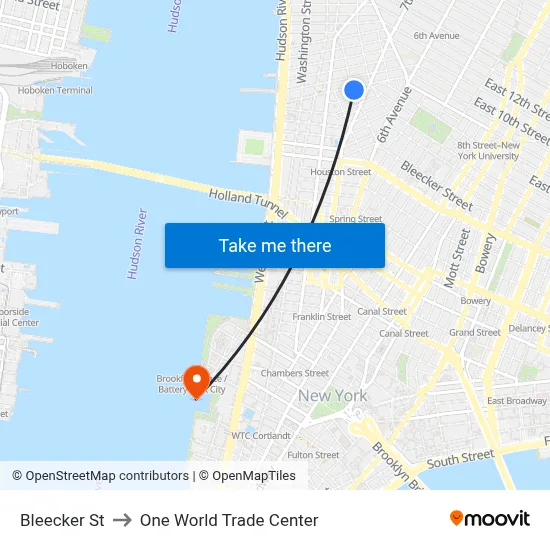 Bleecker St to One World Trade Center map
