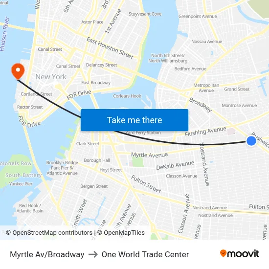 Myrtle Av/Broadway to One World Trade Center map
