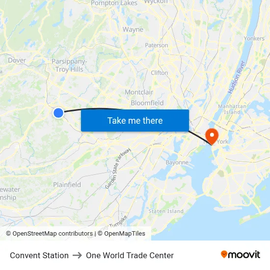 Convent Station to One World Trade Center map