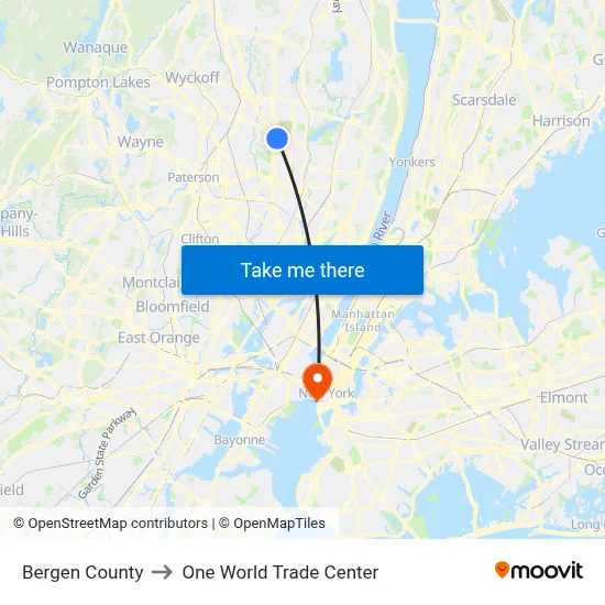 Bergen County to One World Trade Center map
