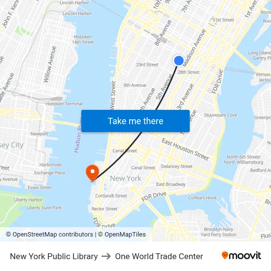 New York Public Library to One World Trade Center map