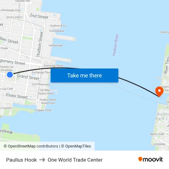 Paullus Hook to One World Trade Center map