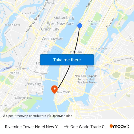Riverside Tower Hotel New York City to One World Trade Center map