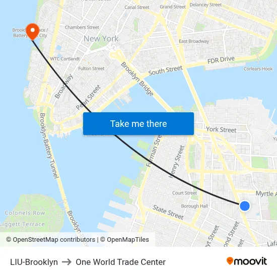 LIU-Brooklyn to One World Trade Center map