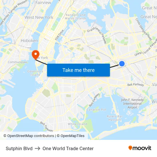 Sutphin Blvd to One World Trade Center map
