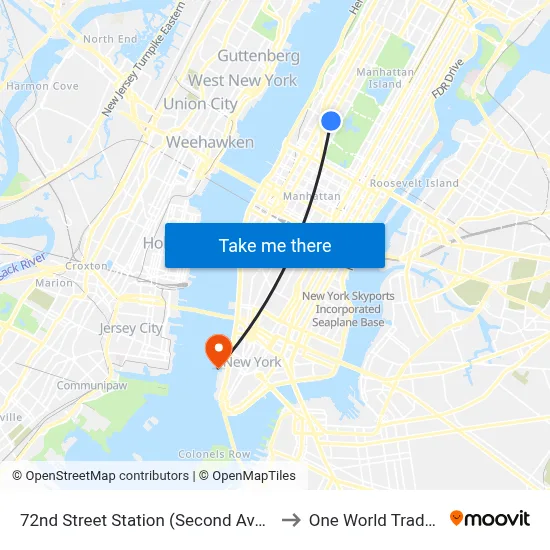 72nd Street Station (Second Avenue Subway) to One World Trade Center map