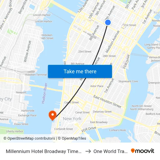 Millennium Hotel Broadway Times Square, New York to One World Trade Center map