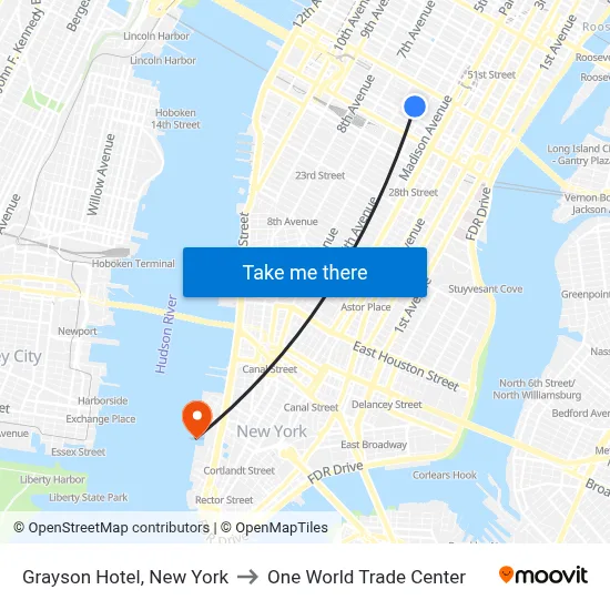 Grayson Hotel, New York to One World Trade Center map