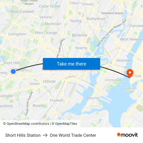 Short Hills Station to One World Trade Center map