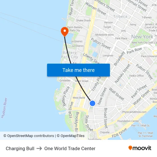 Charging Bull to One World Trade Center map
