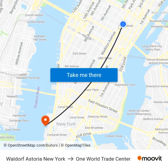 Waldorf Astoria New York to One World Trade Center map