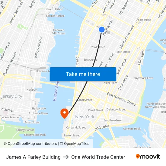 James A Farley Building to One World Trade Center map