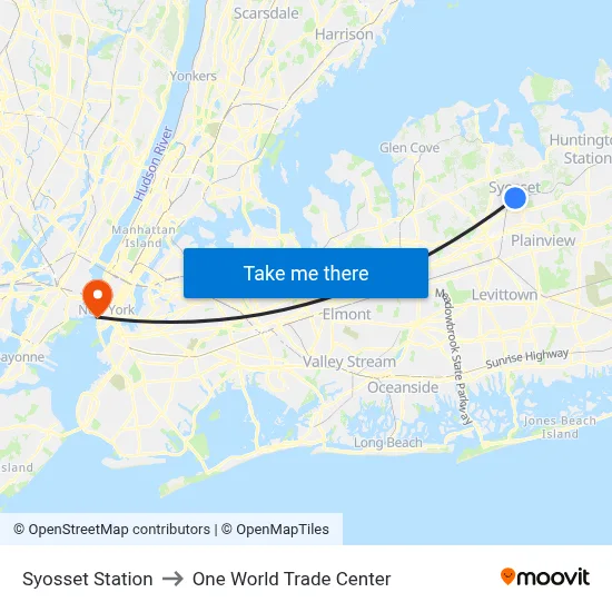 Syosset Station to One World Trade Center map