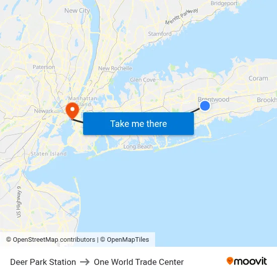 Deer Park Station to One World Trade Center map