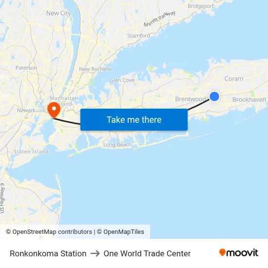 Ronkonkoma Station to One World Trade Center map
