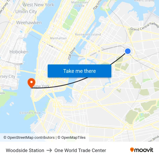 Woodside Station to One World Trade Center map