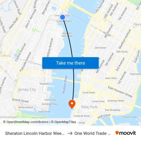 Sheraton Lincoln Harbor Weehawken to One World Trade Center map