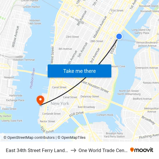 East 34th Street Ferry Landing to One World Trade Center map