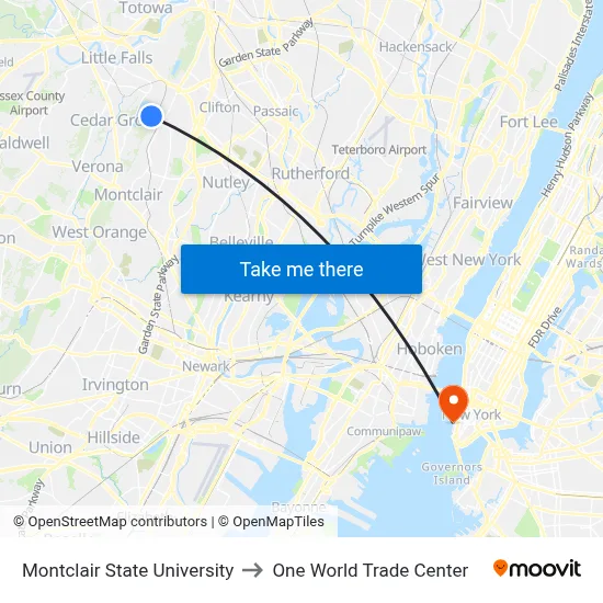 Montclair State University to One World Trade Center map