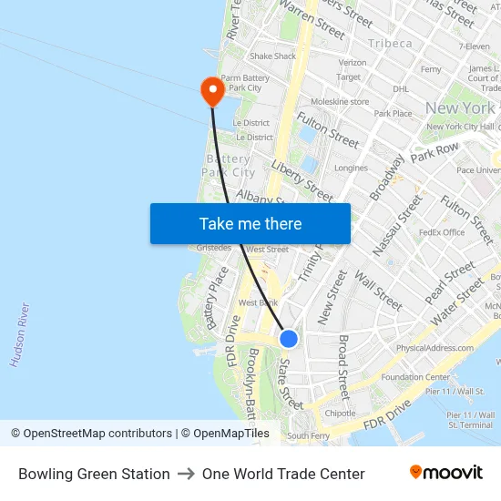 Bowling Green Station to One World Trade Center map