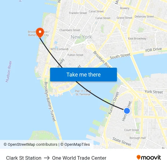Clark St Station to One World Trade Center map