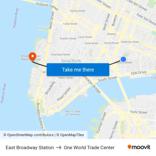 East Broadway Station to One World Trade Center map