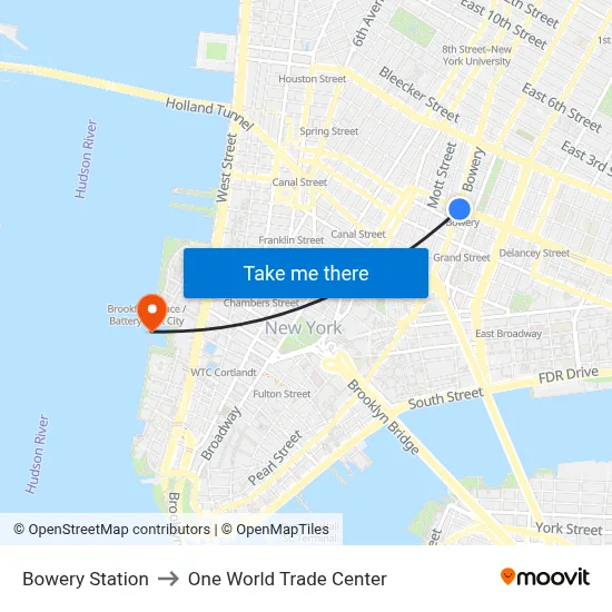 Bowery Station to One World Trade Center map