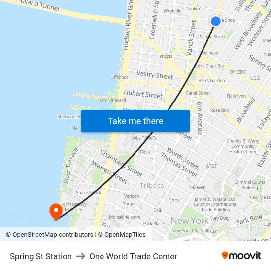 Spring St Station to One World Trade Center map