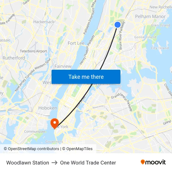 Woodlawn Station to One World Trade Center map