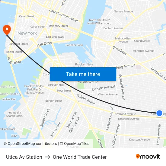 Utica Av Station to One World Trade Center map