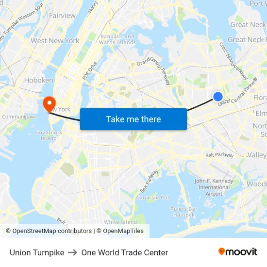 Union Turnpike to One World Trade Center map