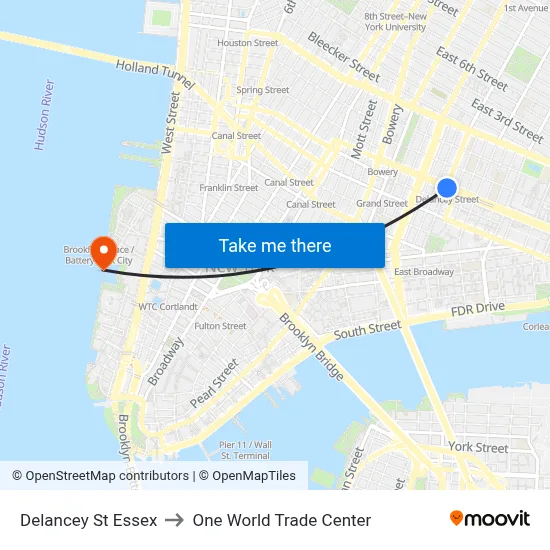 Delancey St Essex to One World Trade Center map