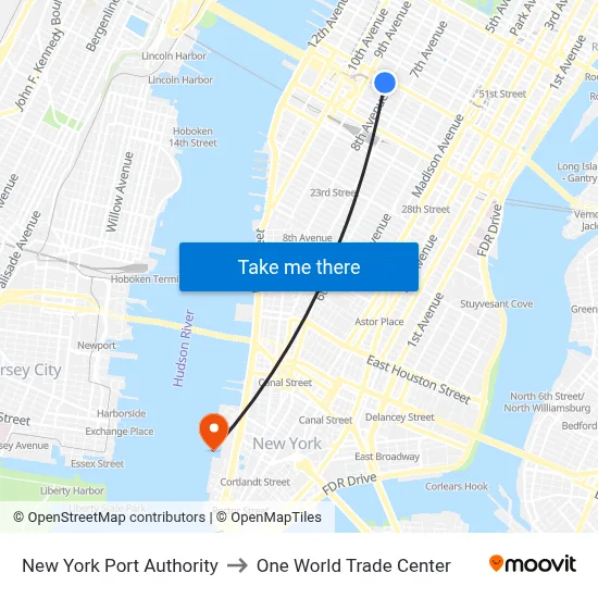 New York Port Authority to One World Trade Center map