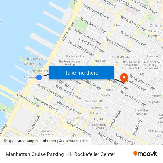 Manhattan Cruise Parking to Rockefeller Center map