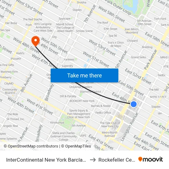 InterContinental New York Barclay Hotel to Rockefeller Center map
