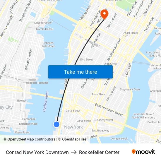 Conrad New York Downtown to Rockefeller Center map