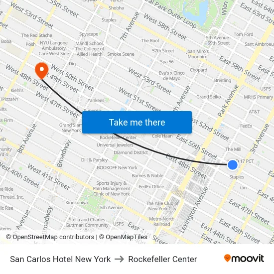 San Carlos Hotel New York to Rockefeller Center map